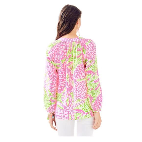 Lilly Pulitzer Pink&Green Silk Elsa Top Home Slice Pink Pineapple Sz.S - Picture 4 of 15